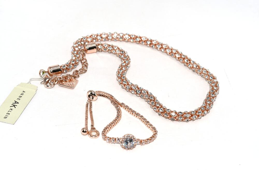 Anne Klein Rose Gold Tone Necklace & Bracelet Set Rhinestone Tag New